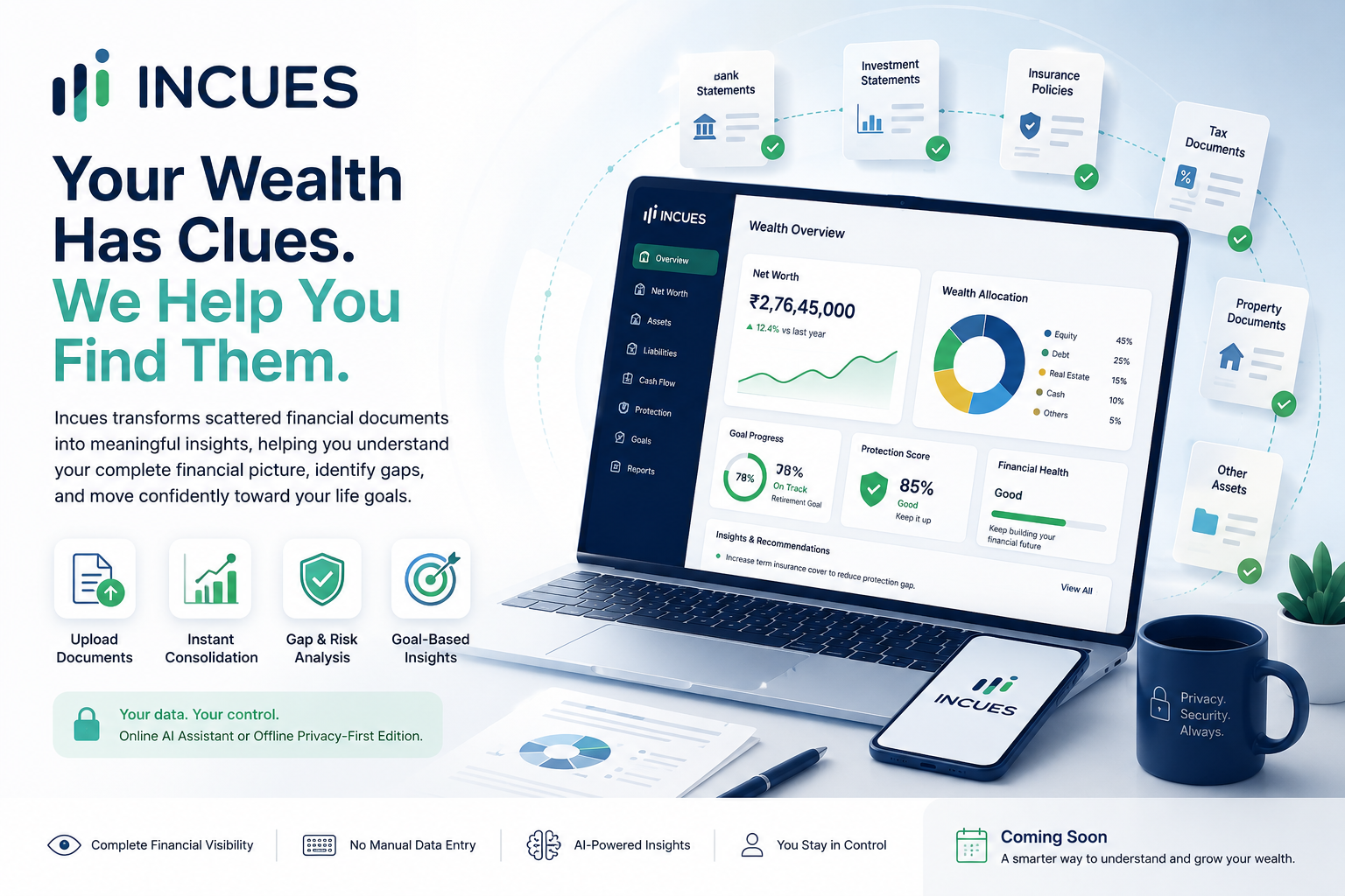 Incues — Your Wealth Has Clues. We Help You Find Them. A dashboard consolidating bank statements, investments, insurance, tax and property documents into one wealth overview.